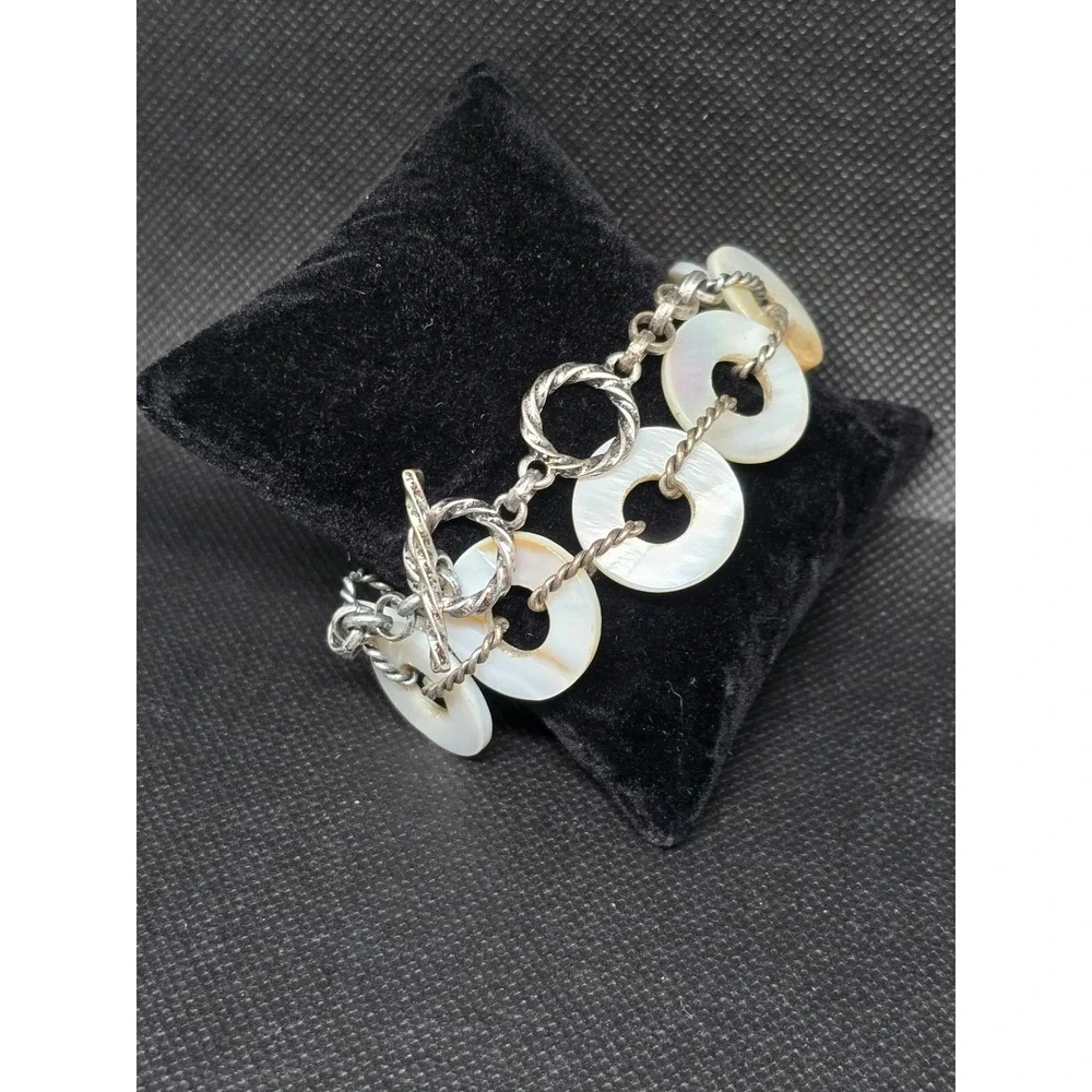 Mother of Pearl Shell Disc Link Bracelet Silver Tone‎ Rope Chain Toggle Clasp